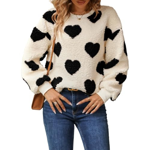 FOMOYUU Women Heart Print Sweater Valentine 's Day Pullovers Long Sleeve Round Neck Knitted Blouse Casual Loose Sweatshirt (Black L, S) | Amazon (US)