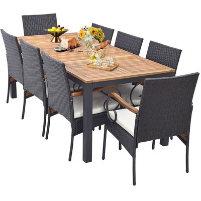 9 PCS Outdoor Dining Table w/ Acacia Wood Table & Cushions 1.9'' Umbrella Hole | Wayfair North America