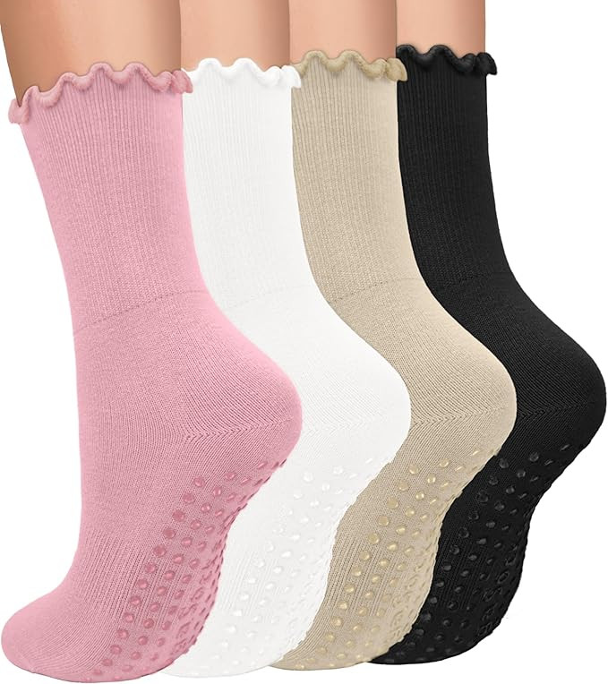 yeuG 4 Pairs Non Slip Pilates Socks with Grips for Women, Crew Grip Socks for Yoga, Barre, Hospit... | Amazon (US)