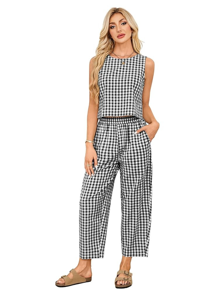 SotRong Gingham Summer Two Pieces Outfit Women Relaxed Boxy Fit Plaid Checked Pattern Leisure Wea... | Amazon (UK)