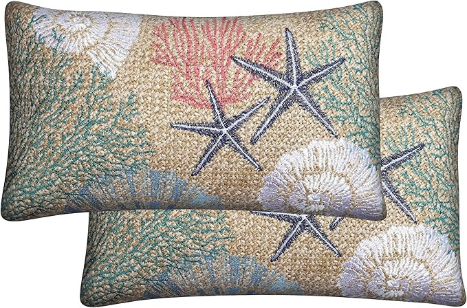 Honeycomb Outdoor Lumbar Toss Pillow Set, 12" H x 19" L, Raffia Seashore Reef Outdoor Pillows | Amazon (US)