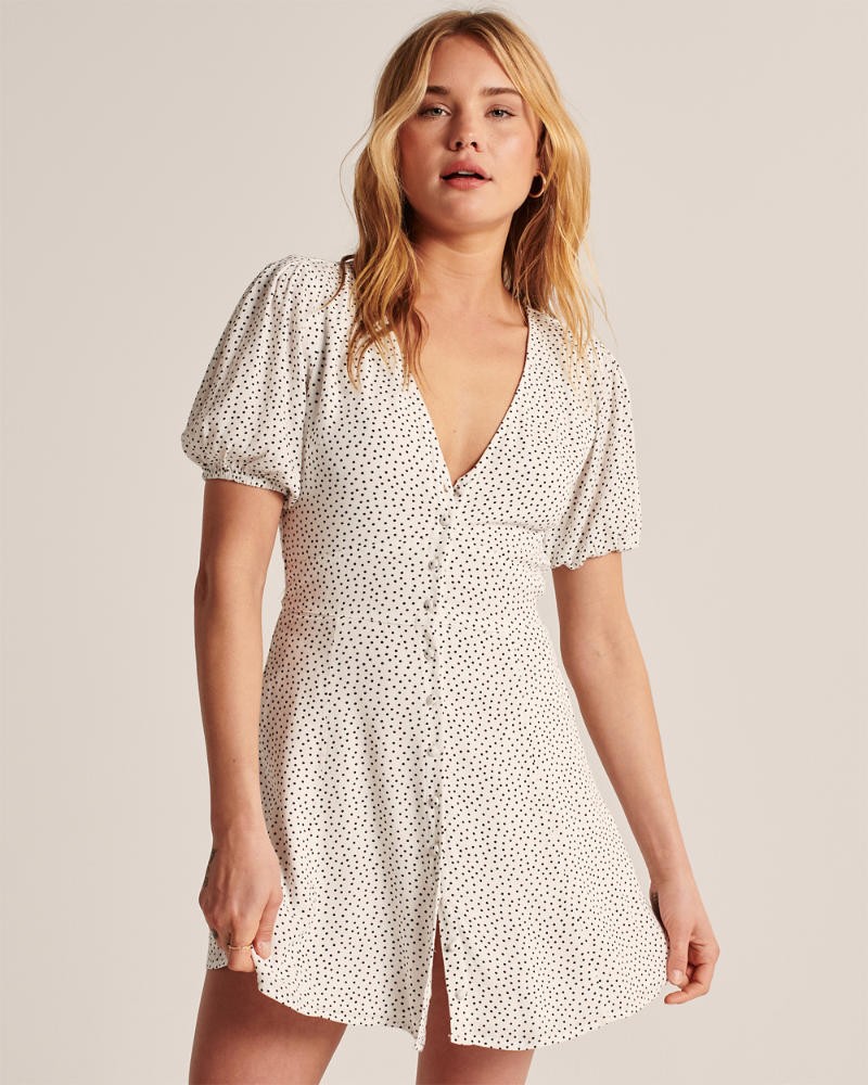 Puff-Sleeve Button-Front Mini Dress | Abercrombie & Fitch (US)