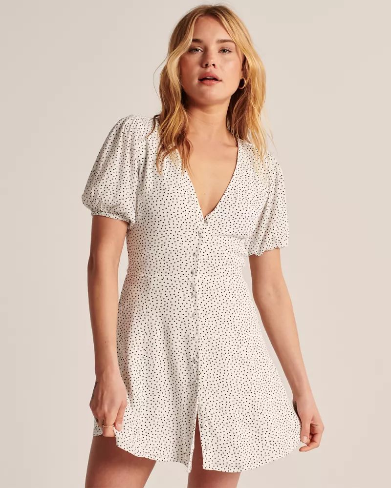 Puff-Sleeve Button-Front Mini Dress | Abercrombie & Fitch (US)