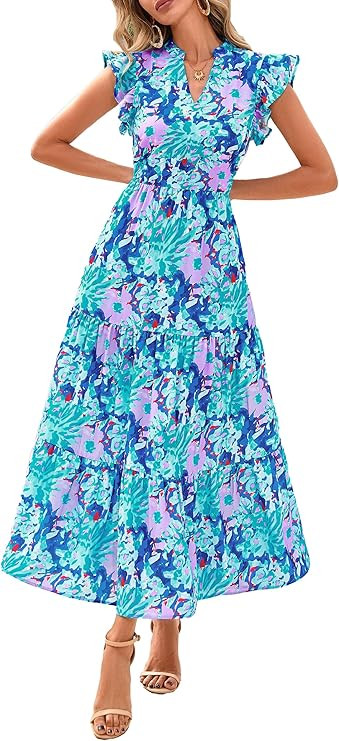 PRETTYGARDEN Women's 2025 Summer Floral Midi Dress Cap Sleeve V Neck Ruffle Long Flowy Boho Casua... | Amazon (US)