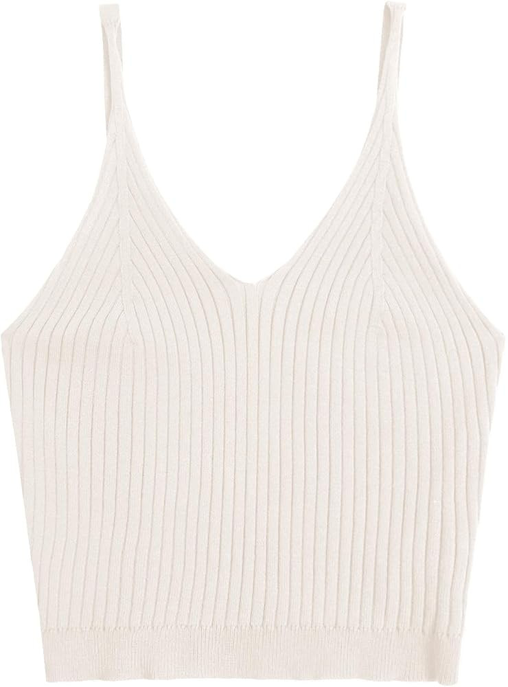 SweatyRocks Women's V Neck Crop Cami Top Ribbed Knit Spaghetti Strap Sleeveless Vest | Amazon (US)