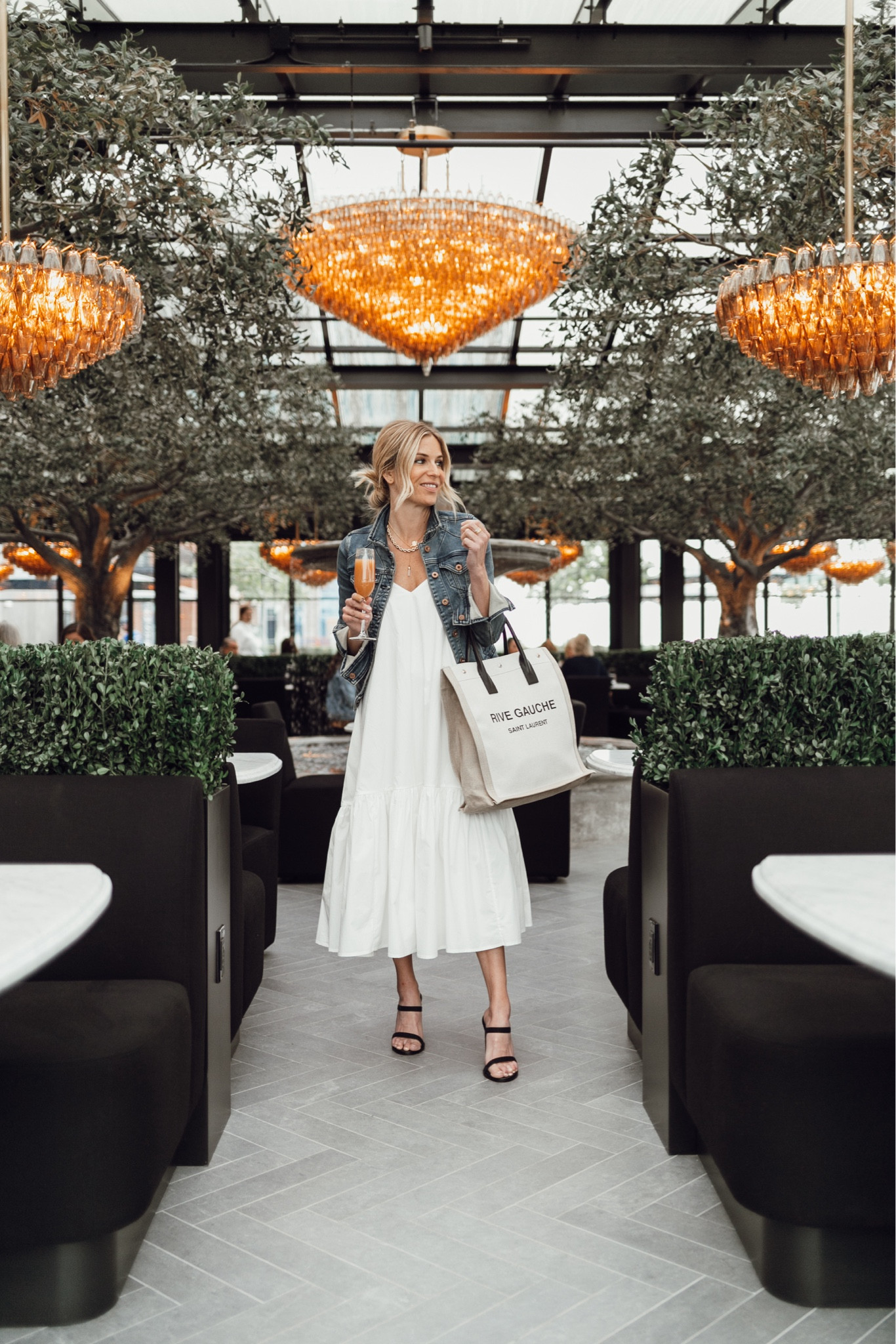 Brunch look 🖤 White maxi dress, denim jacket, Saint Laurent tote, black block heels and gold necklaces 🖤

#LTKstyletip #LTKSeasonal
