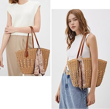 Beach Bags for Women, Summer Straw Bag, Woven Straw Beach Tote Bag Shoulder Handbags | Amazon (US)