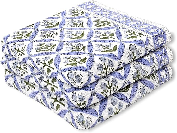 Ridhi Light Steel Blue Hand Block Print Waffle Kitchen Towel Set of 3-16 x28 Ultra Absorbent Quic... | Amazon (US)