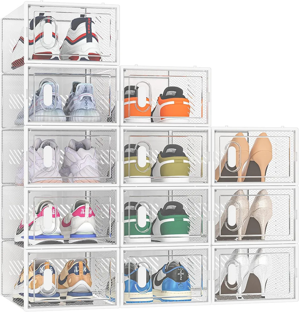 Shoe Storage, 12 Pack Shoe Organizer for Closet, Shoe Boxes Clear Plastic Stackable Shoe Containe... | Amazon (US)