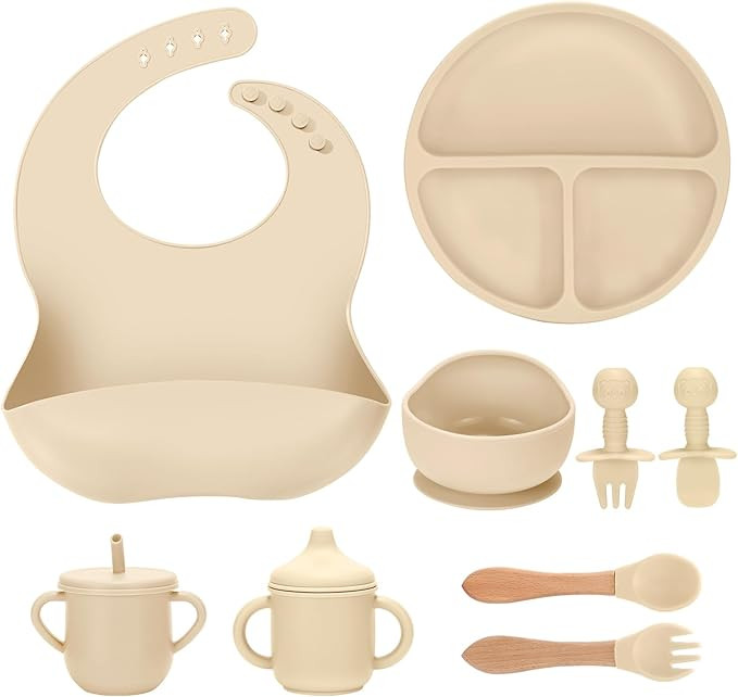 Silicone Baby Feeding Set 9 Pcs, Spill-Proof Suction Plate, Bowl, Bib, Silicone spoon&forks, Wood... | Amazon (US)