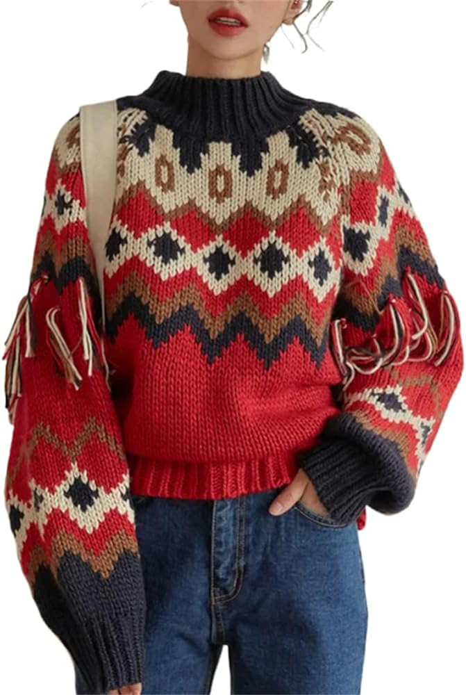 Long Sleeve Autumn Winter Warm Christmas Sweater red Jacquard Knit Sweaters Women Jumper Pullover | Amazon (US)