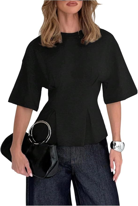 Verdusa Women's Cinched Waist Half Sleeve Crew Neck T Shirts Work Tops | Amazon (US)