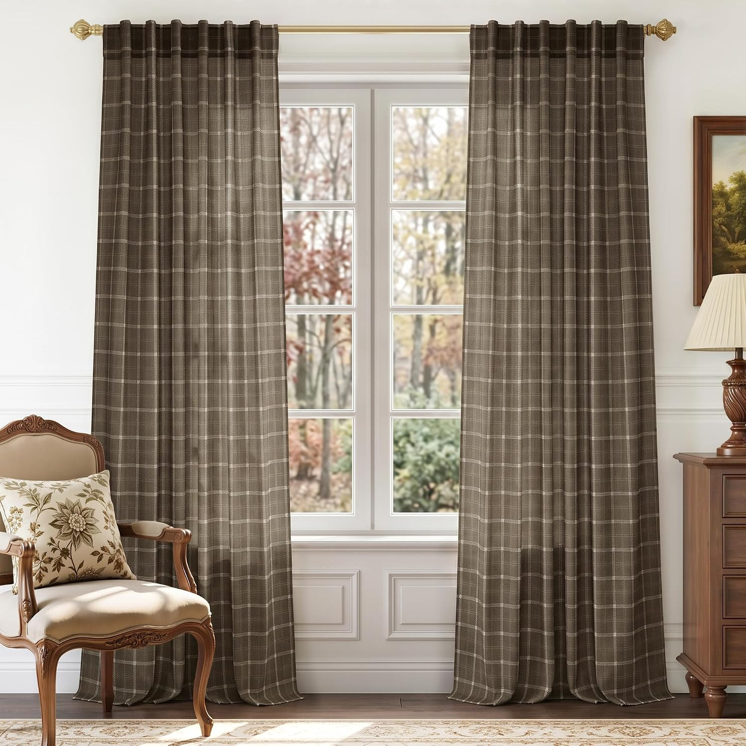 NICETOWN Taupe Fall Plaid Gingham Linen Curtains 84 inch Long for Bedroom | Amazon (US)