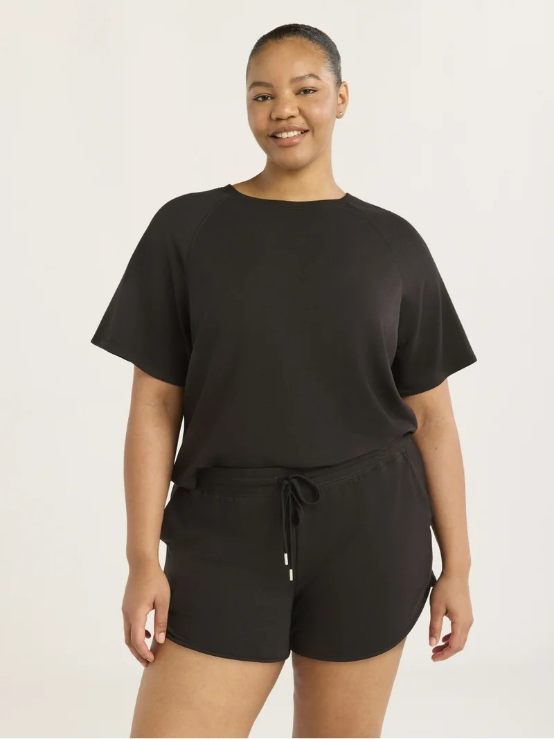 Joyspun Women's French Terry Short Sleeve Top and Shorts Set, 2-Piece, Sizes XS-3X | Walmart (US)