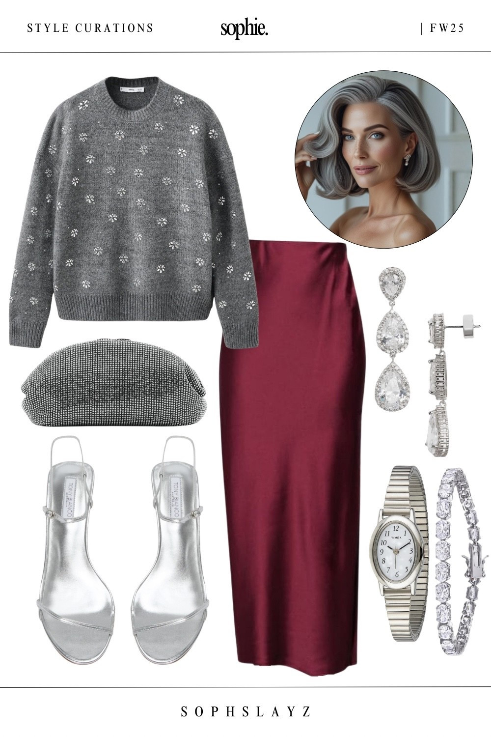This look: gray embellished sweater, burgundy satin maxi skirt, silver strappy heels, rhinestone clutch, crystal drop earrings, and a silver oval watch. A festive glam vibe that brings just the right amount of shine. Wear it to a holiday party, dinner date, or gift exchange. 

🔎 holiday party outfit, cozy glam, winter dinner outfit, embellished sweater, holiday sweater, holiday outfit, satin skirt outfit, fw25, holiday fashion, party look

#LTKHoliday #LTKootd