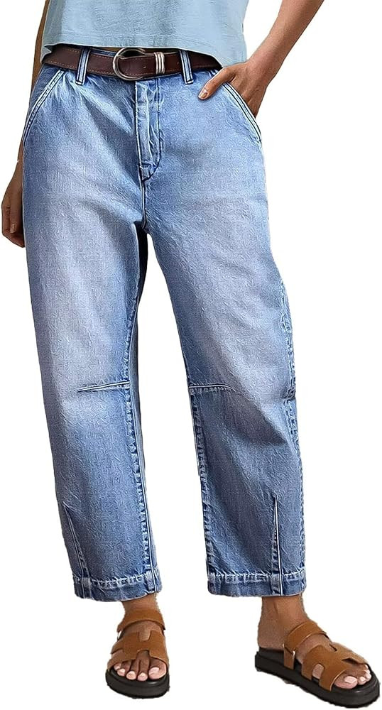 Flamingals Straight Leg Cropped Jeans for Women Barrel Casual Mid Rise Wash Stitch Detail Denim J... | Amazon (US)
