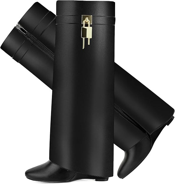 Fold Over Boots for Women Pointy Pull-on Wedge Heel Knee Shark Boot With Side Zipper Padlock Desi... | Amazon (US)