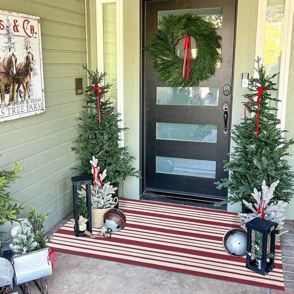 KOZYFLY Striped Outdoor Rug 27.5x43 Inches Red and White Front Door Rug Hand Woven Area Rug Washa... | Amazon (US)