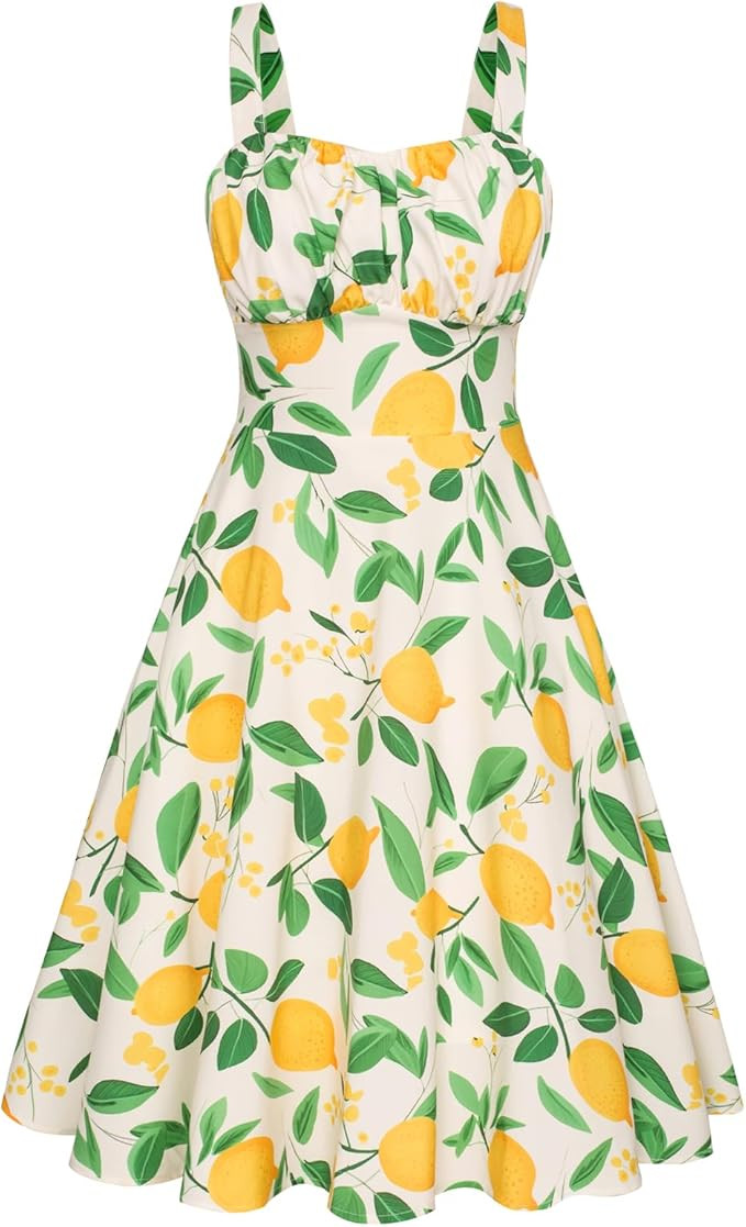 Belle Poque Women's Vintage Sleeveless Solid Floral Ruched Summer Cute A-Line Flowy Swing Midi Dr... | Amazon (US)