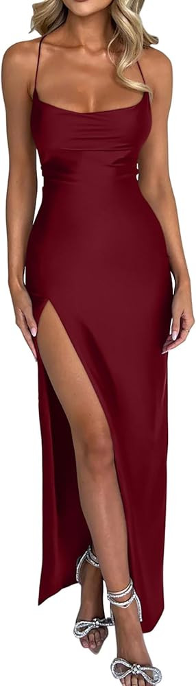 Memoriesea Women's Sexy Spaghetti Strap Bodycon Cowl Neck Party Cocktail Maxi Dress | Amazon (US)