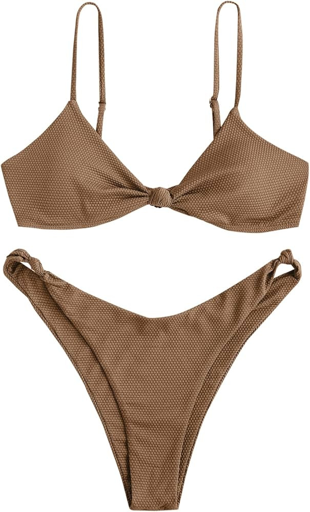 ZAFUL Women's Textured Tie String Bikini Swimwear Triangle Smocked Bikini Cheeky Brazilian Swimsuits | Amazon (US)
