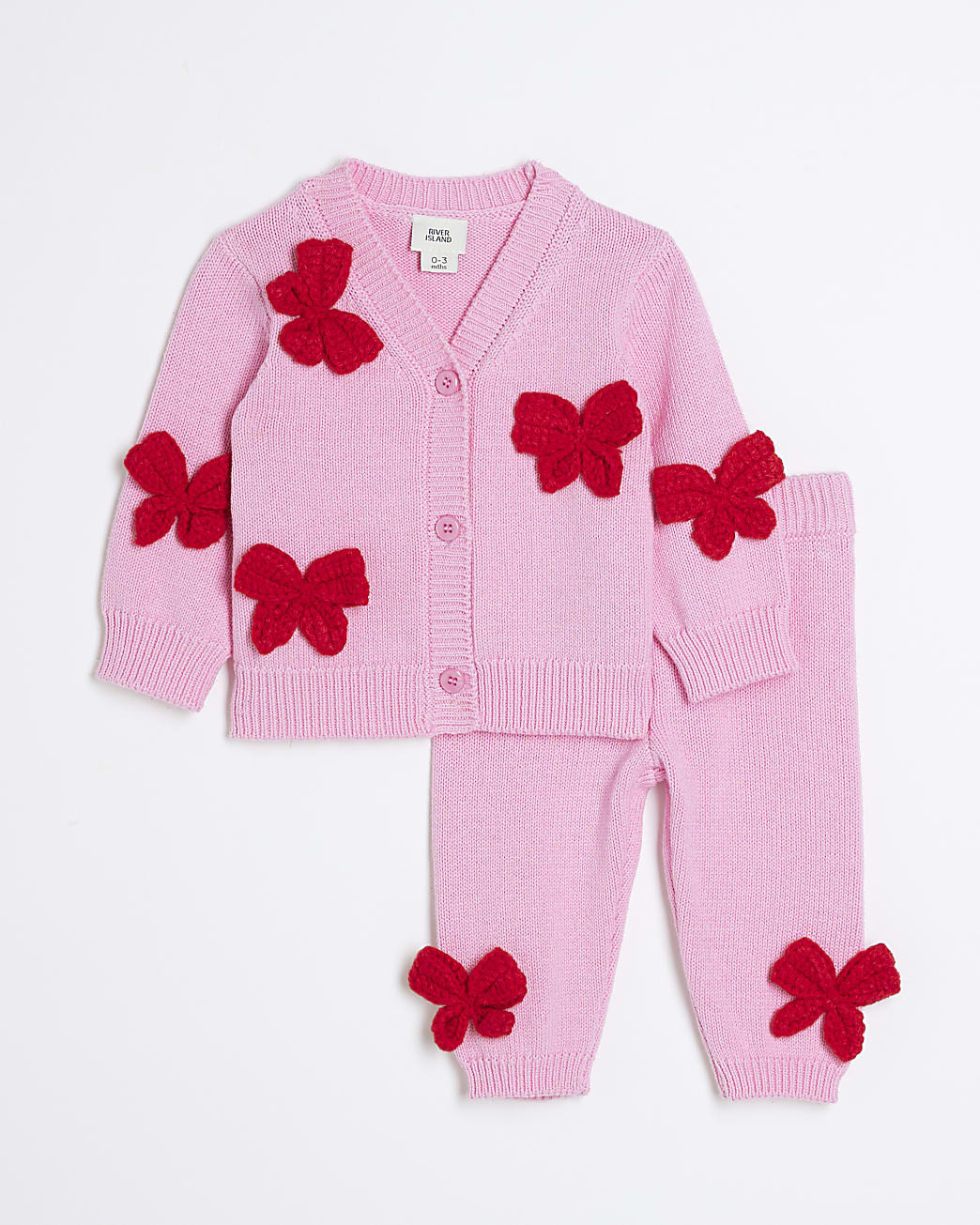 Baby Girls Pink Crochet Bow Cardigan Set | River Island UK & IE