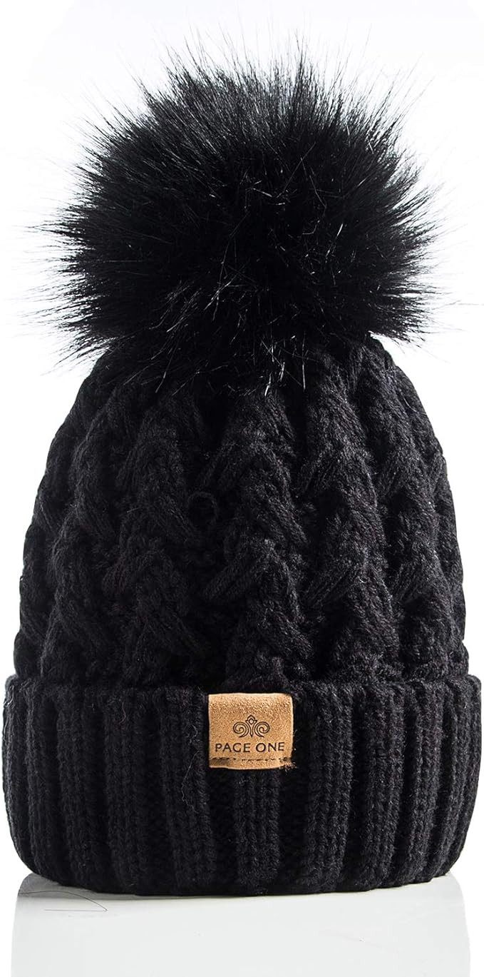 PAGE ONE Womens Winter Ribbed Beanie Crossed Cap Chunky Cable Knit Pompom Soft Warm Hat | Amazon (US)