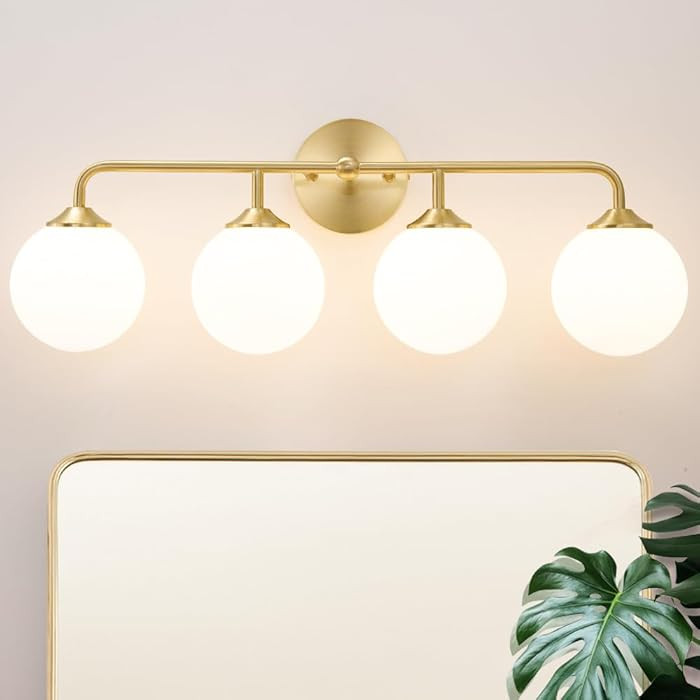 Modern Brushed Brass Bathroom Light Fixtures, Elegant Gold 4-Lights Vanity Light Fixtures, Milky ... | Amazon (US)