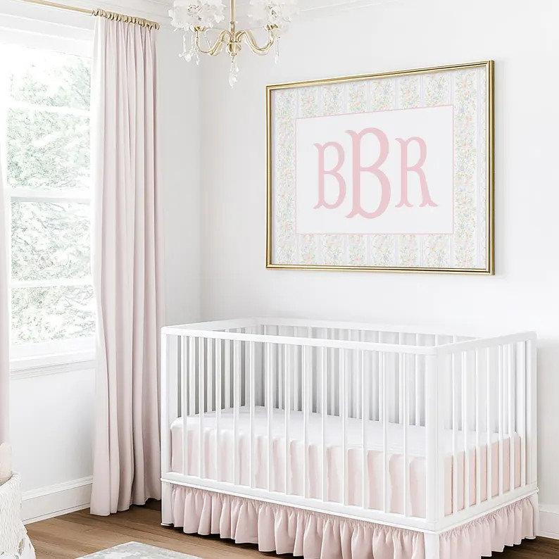 Monogram Nursery Wall Art, Grandmillennial Nursery, Pink and Green Girl Nursery Print, Baby Initi... | Etsy (US)