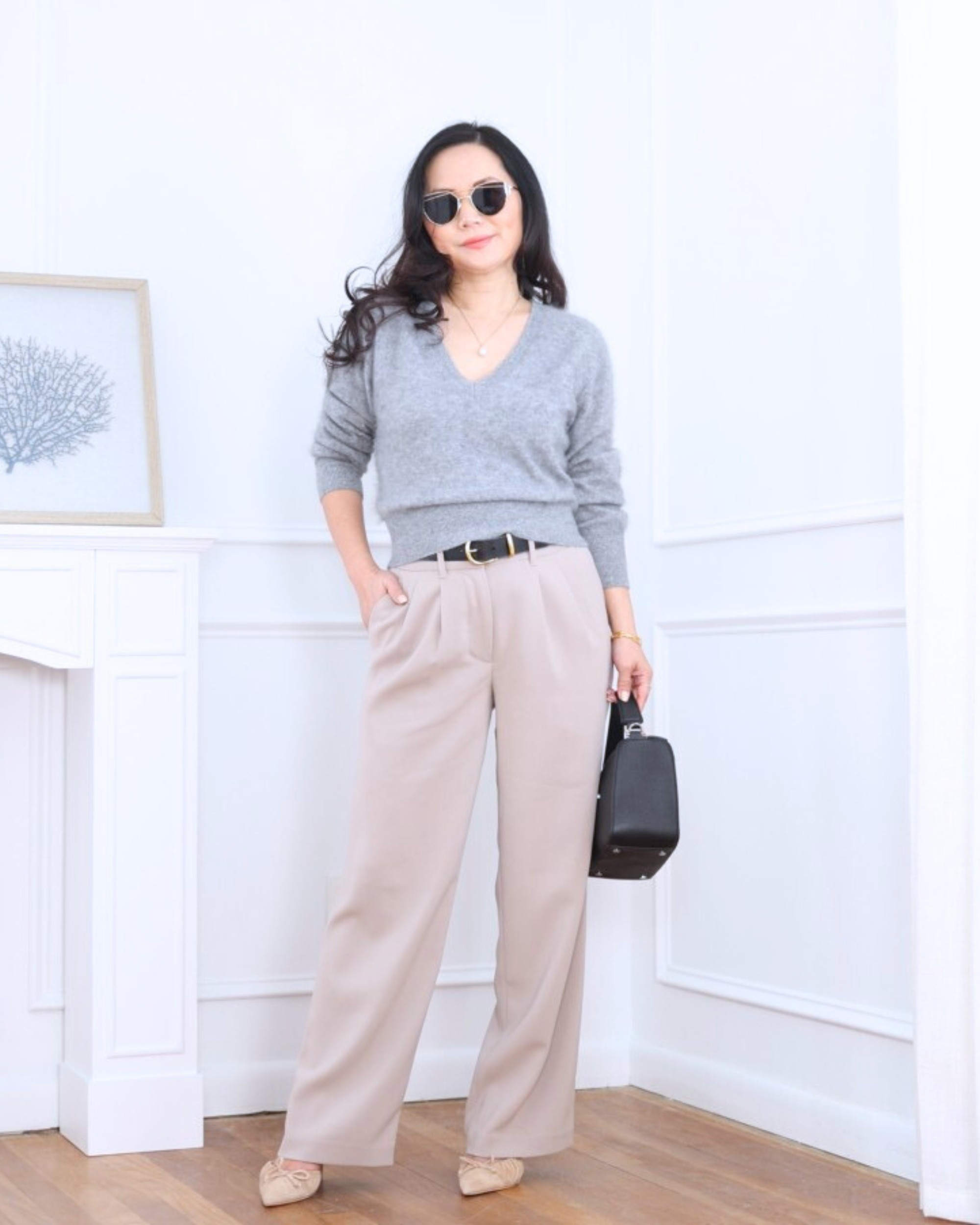 Soft structure meets easy tailoring — a v-neck shrunken sweater paired with crepe pleated pants from Quince for a look that feels refined, flattering, and effortlessly put together. I’m 5’2, wearing size XS.

#LTKPetite #LTKootd #LTKOver40