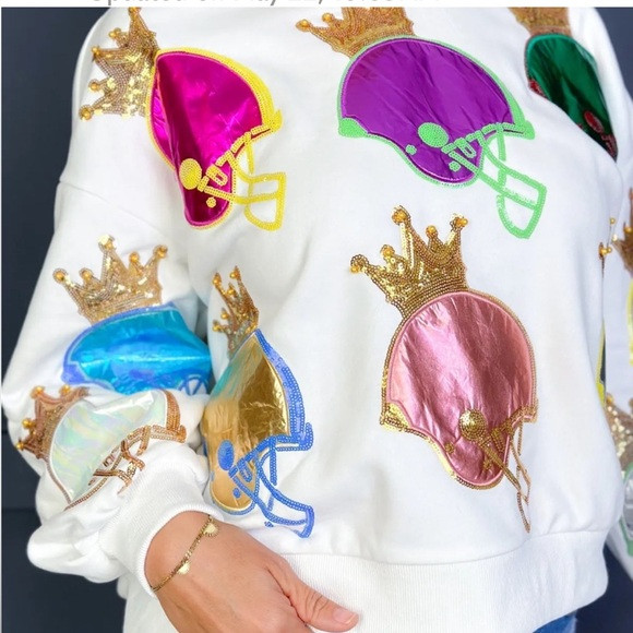 QUEEN OF SPARKLES White Sweatshirt with Multi Color Football Helmets | Poshmark