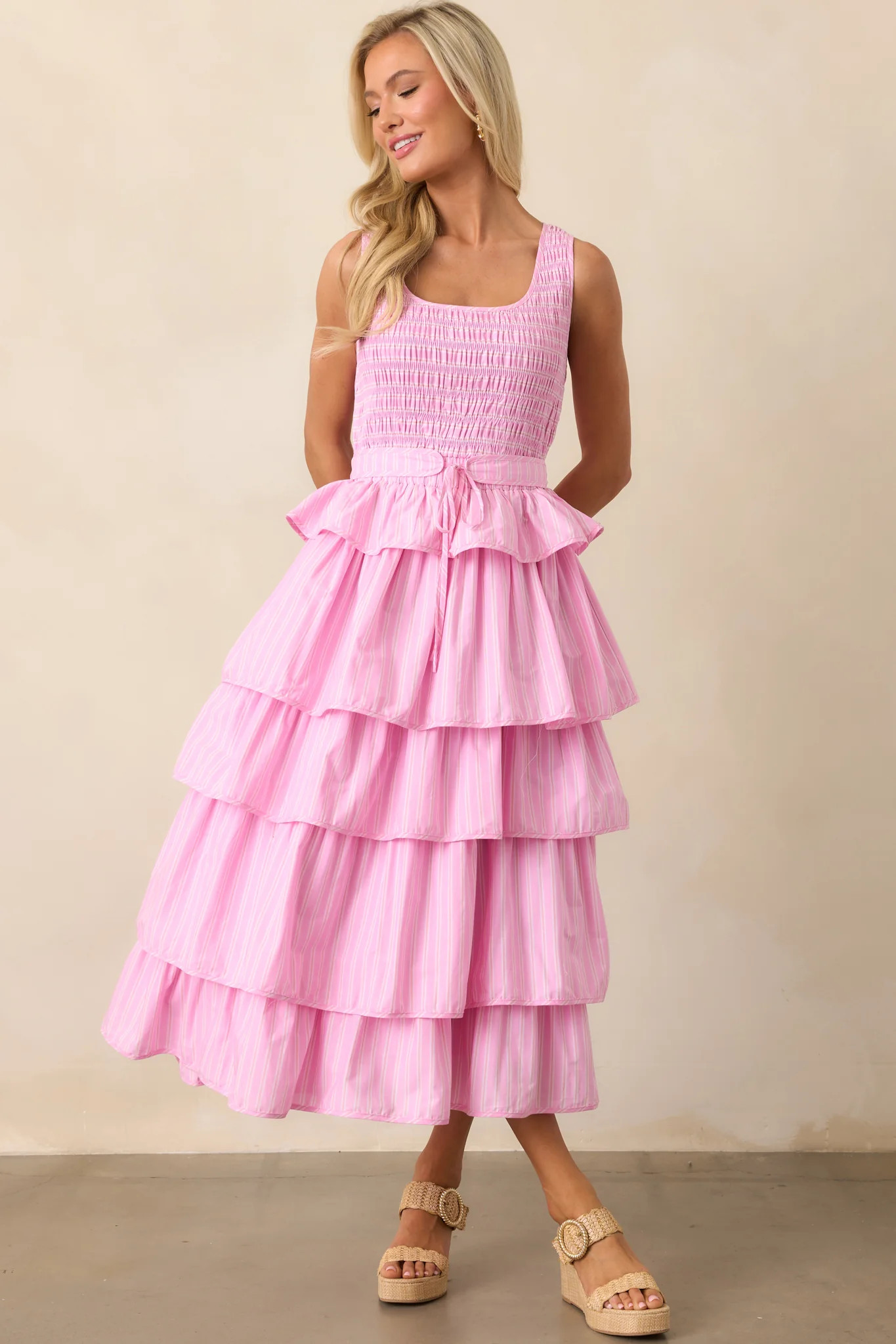 On Cloud Nine Pink Stripe Cotton Ruffle Maxi Dress | Red Dress