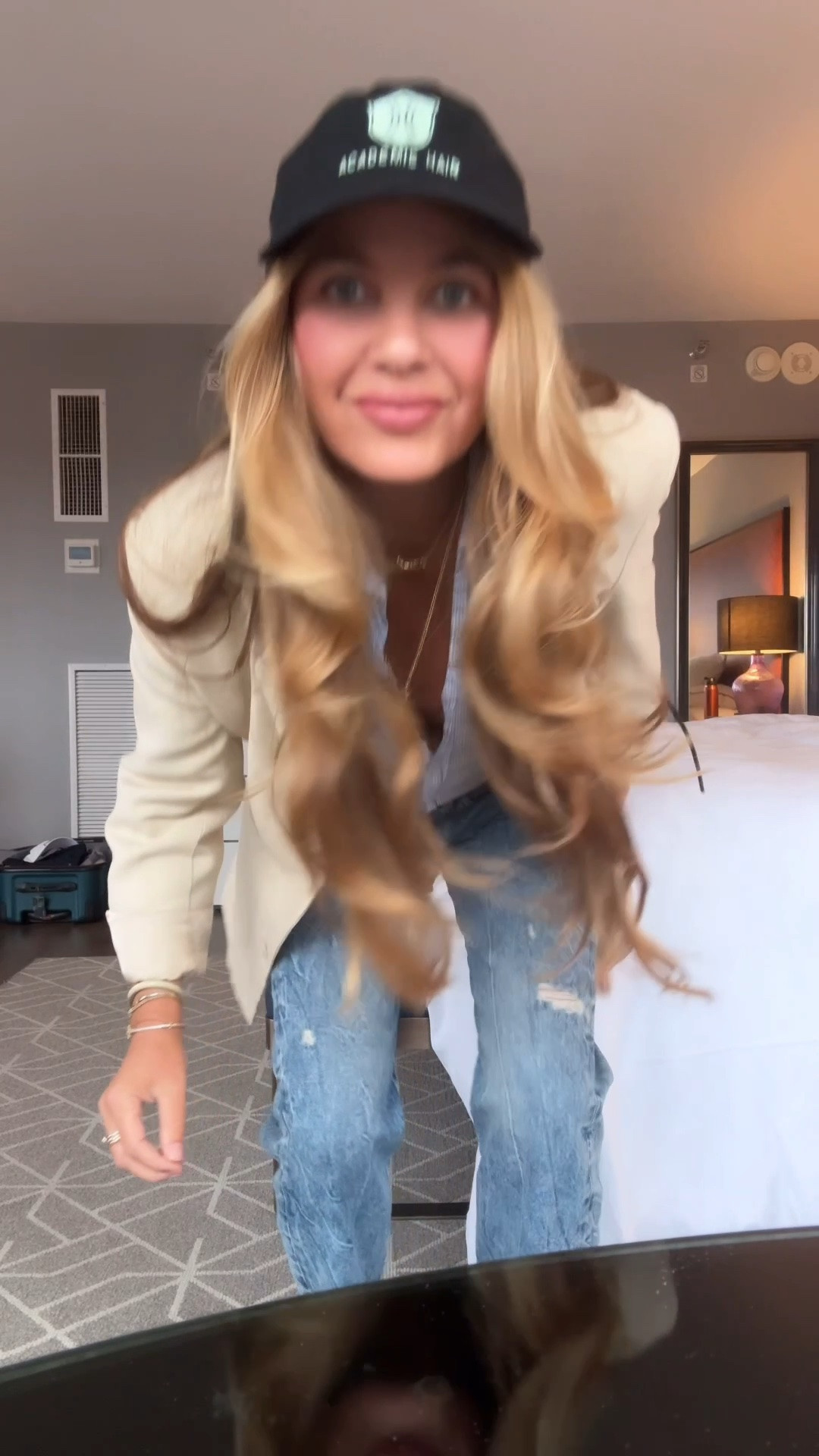 Shirt: medium 
Jeans: 26
Blazer: medium 
Hair: Sea Glass + T3 hotrollers 
Lip: Armani 503

#LTKBeauty #LTKTravel #LTKootd