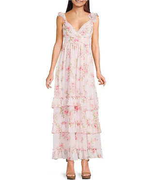 Floral Printed V-Neck Tiered Ruffle Maxi Dress | Dillard's