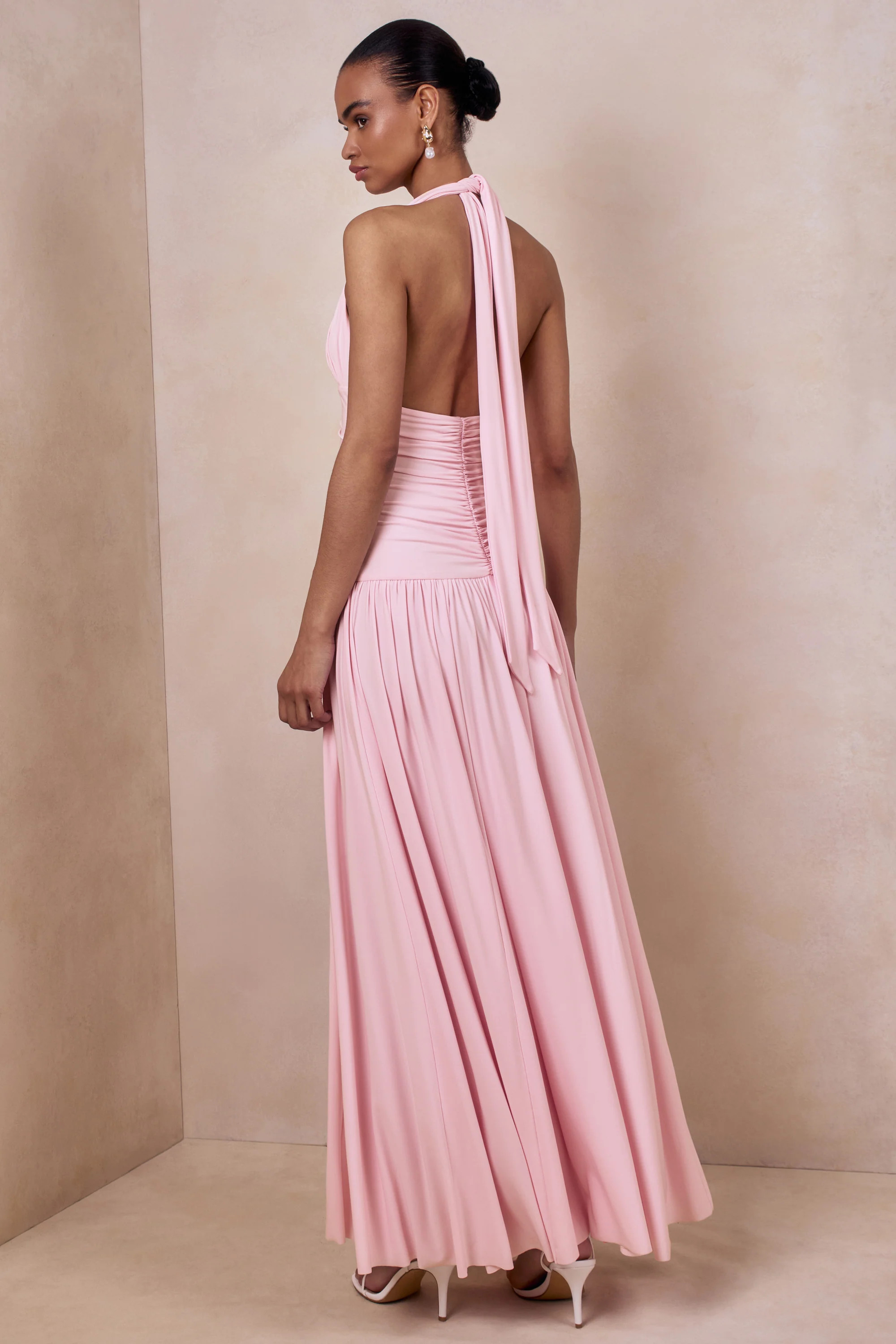 Bettina  Pink Plunge-Neck Maxi Dress With Gathered-Detailing | Club L London