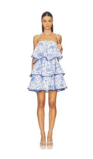 Favorite Elin Strapless Frilled Mini Dress in White & Blue

              
    
        
        ... | Revolve Clothing (Global)