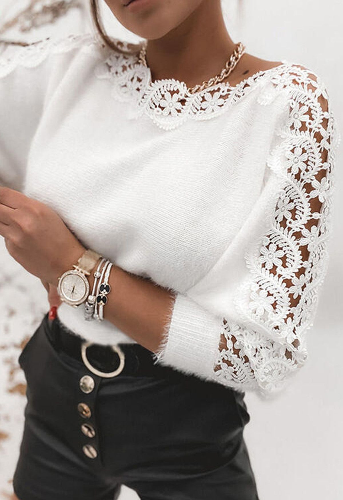 Inviting Lace Trim Fuzzy Knit Sweater | Chicwish