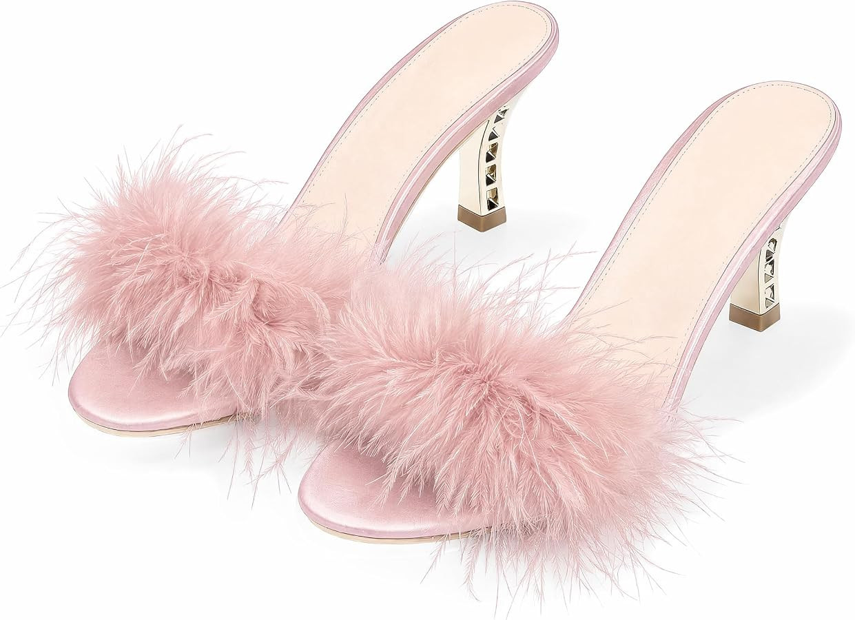 Women Sexy Slippers Fur Heels Fluffy Feather Kitten Heel Slippers Open Toe | Amazon (US)
