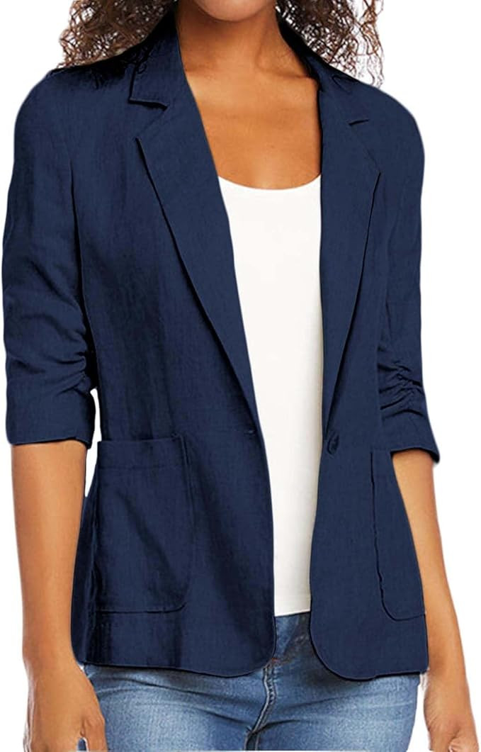 3/4 Ruched Sleeve Blazer for Women Long Sleeve Open Front Notched Collar Jacket One Button Cotton... | Amazon (US)