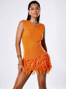 SHEIN X Eduarda Gutierrez MUSERA Tassel Hem Crochet Knit Mini Sweater Dress Vacation Summer Festival Beach Resort Spring Cute Boho Bohemian Cowgirl Festival Concert Ibiza Western Rave Western Night Out Fall Autumn Winter Date Night Chic Carnival Vacation Holiday | SHEIN