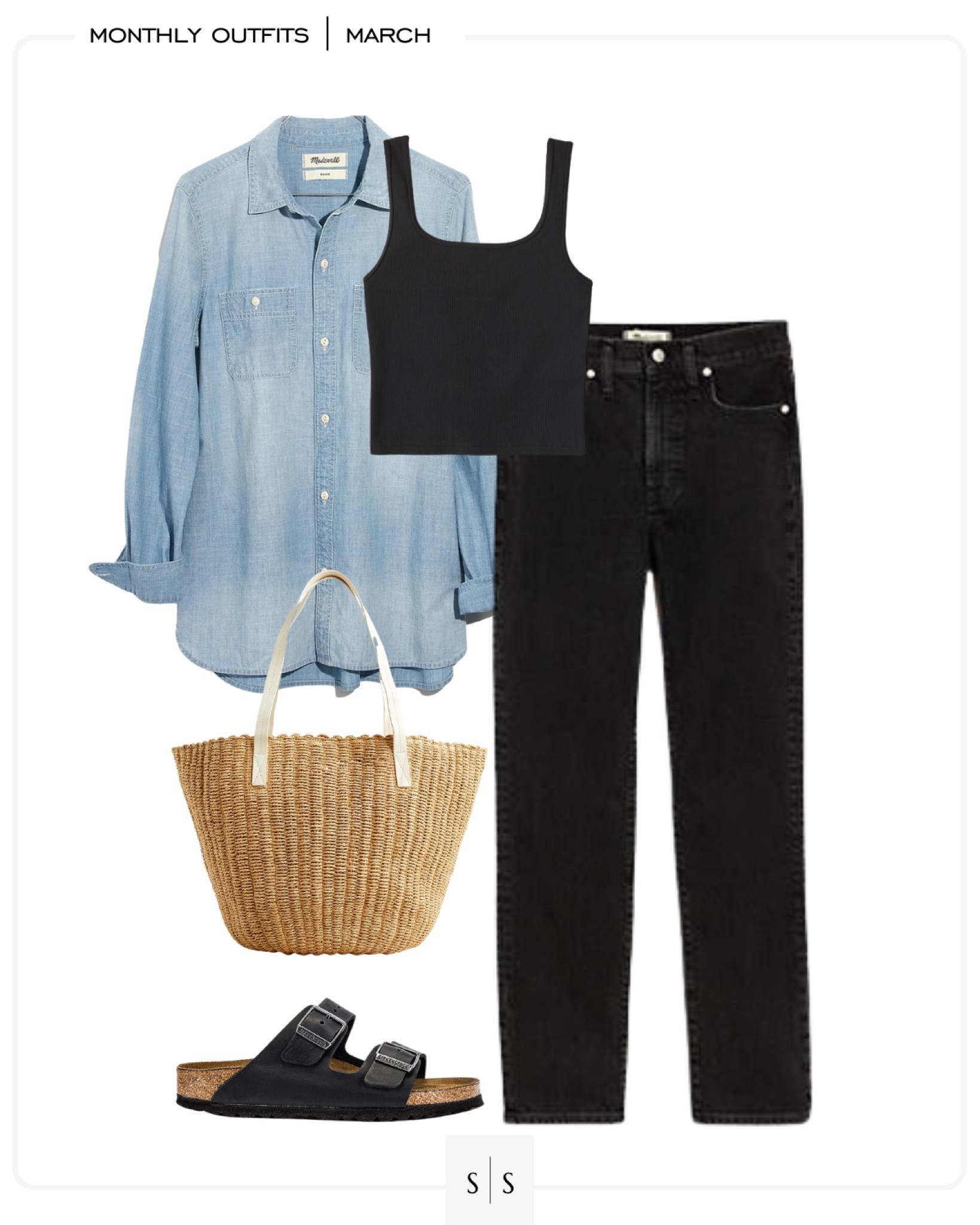 Monthly outfit planner : MARCH looks | #straightjean #transitionaloutfit #chambray #blackjean #classicbuttonup #basics #springoutfit | See entire calendar on thesarahstories.com ✨

#LTKstyletip