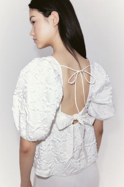 Tie-detail Puff-sleeved Blouse - Cream - Ladies | H&M US | H&M (US + CA)