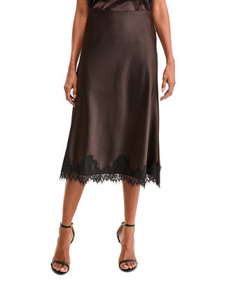 Women's Lace-Trim Midi Satin Skirt | Macy's