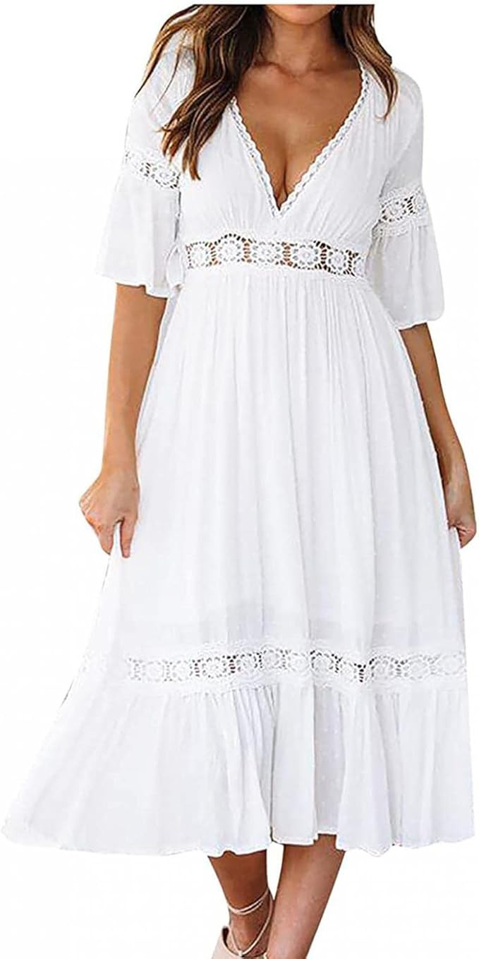 Summer Dresses for Women UK Clearance Party Dresses Ladies Sexy Dress Short Sleeve V-Neck Solid B... | Amazon (UK)