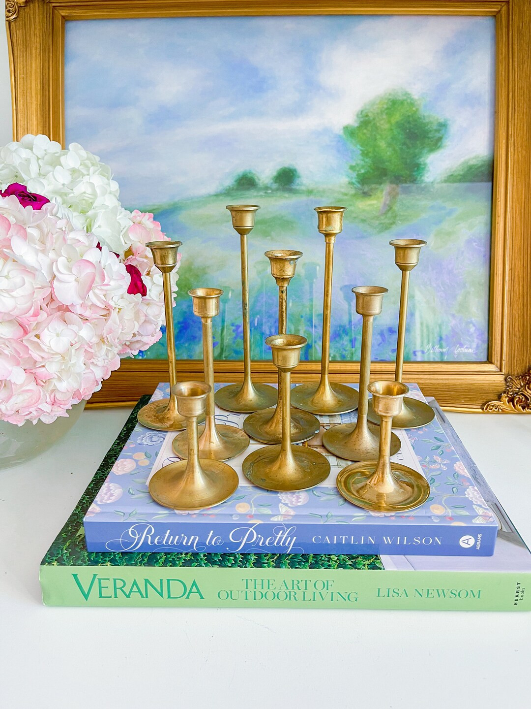 Set of 10 Vintage Gold Brass Mid Century Long Stem Decorative Candlesticks Chinoiserie Chic Home ... | Etsy (US)