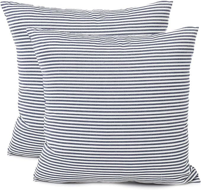 Throw Pillow Covers 18x18 - Decorative Pillows for Couch Set of 2 Rustic Linen Striped Lumbar Cus... | Amazon (US)