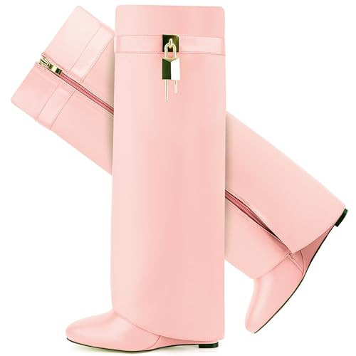 CDHYX Fold Over Boots for Women Pointy Pull-on Wedge Heel Knee Shark Boot With Side Zipper Padlock Design (Pink 12) | Amazon (US)