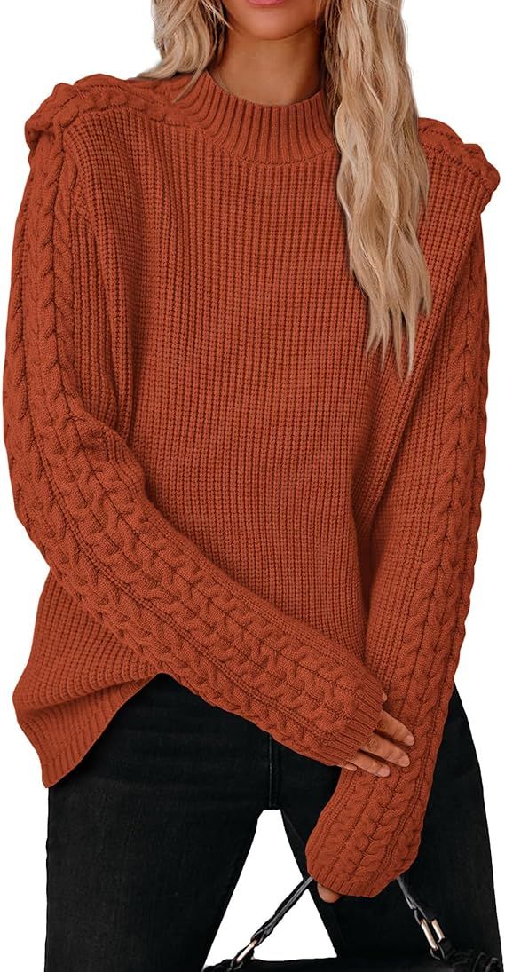 BTFBM Women's 2023 Fall Long Sleeve Sweater Crew Neck Solid Cable Knit Chunky Casual Oversized Sw... | Amazon (US)