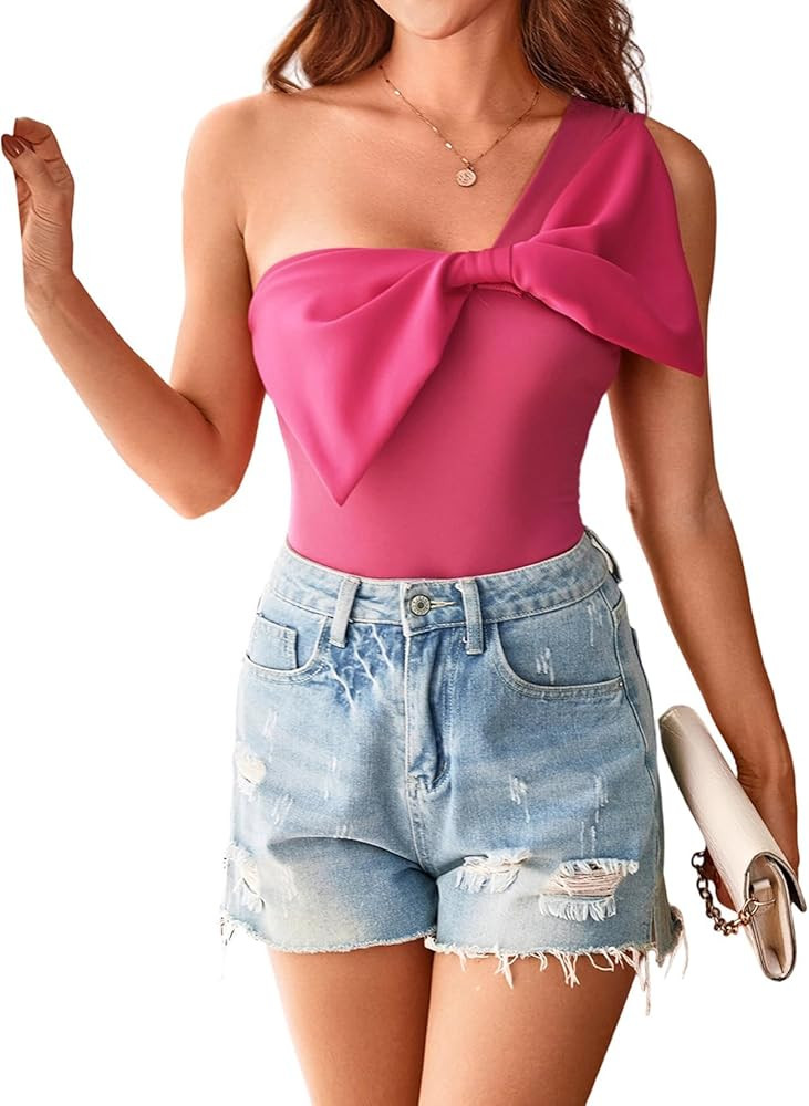 WDIRARA Women's Bow Front One Shoulder Bodysuit Asymmetrical Sleeveless Top | Amazon (US)