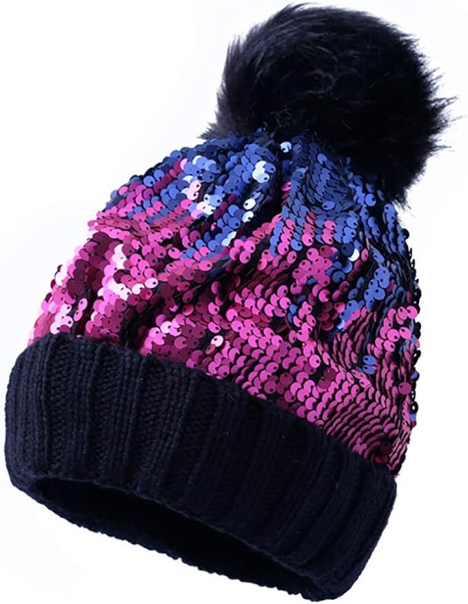 Womens Winter Black Pink Bling Knit Beanie Hat with Faux Fur Pom Pom Warm Sequin Knitted Skull Ca... | Amazon (US)